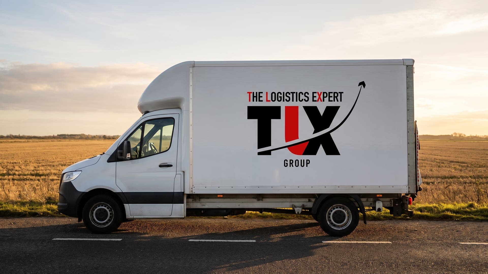 TLX Group Luton van on a fenland road in Cambridgeshire at sunset