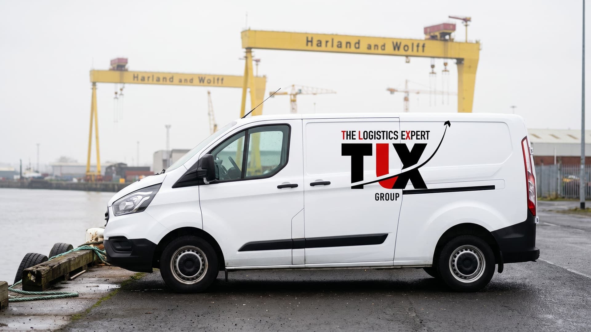 TLX Group van on the Belfast quayside with the Harland and Wolff cranes behind