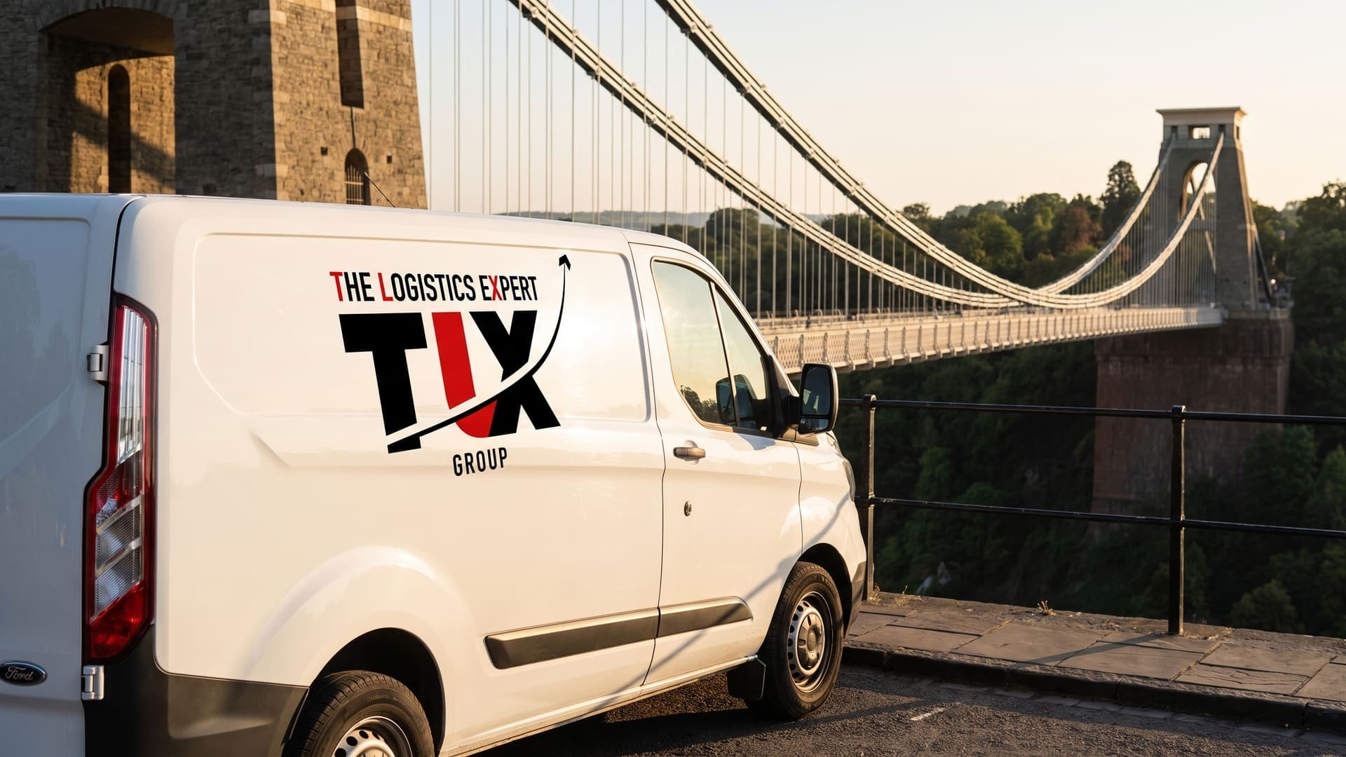TLX Group van on the Clifton Suspension Bridge, Bristol, at golden hour