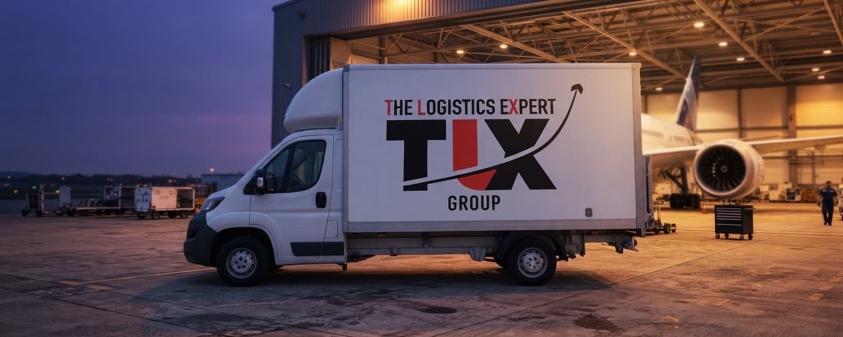 TLX Group Luton van beside an aircraft hangar on an airport apron