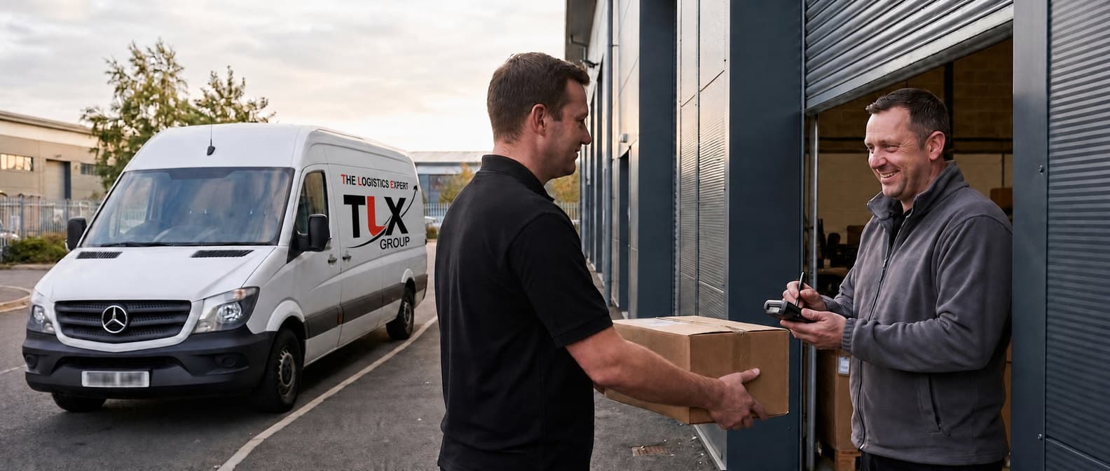 TLX Group driver handing a parcel to a customer signing at a goods entrance