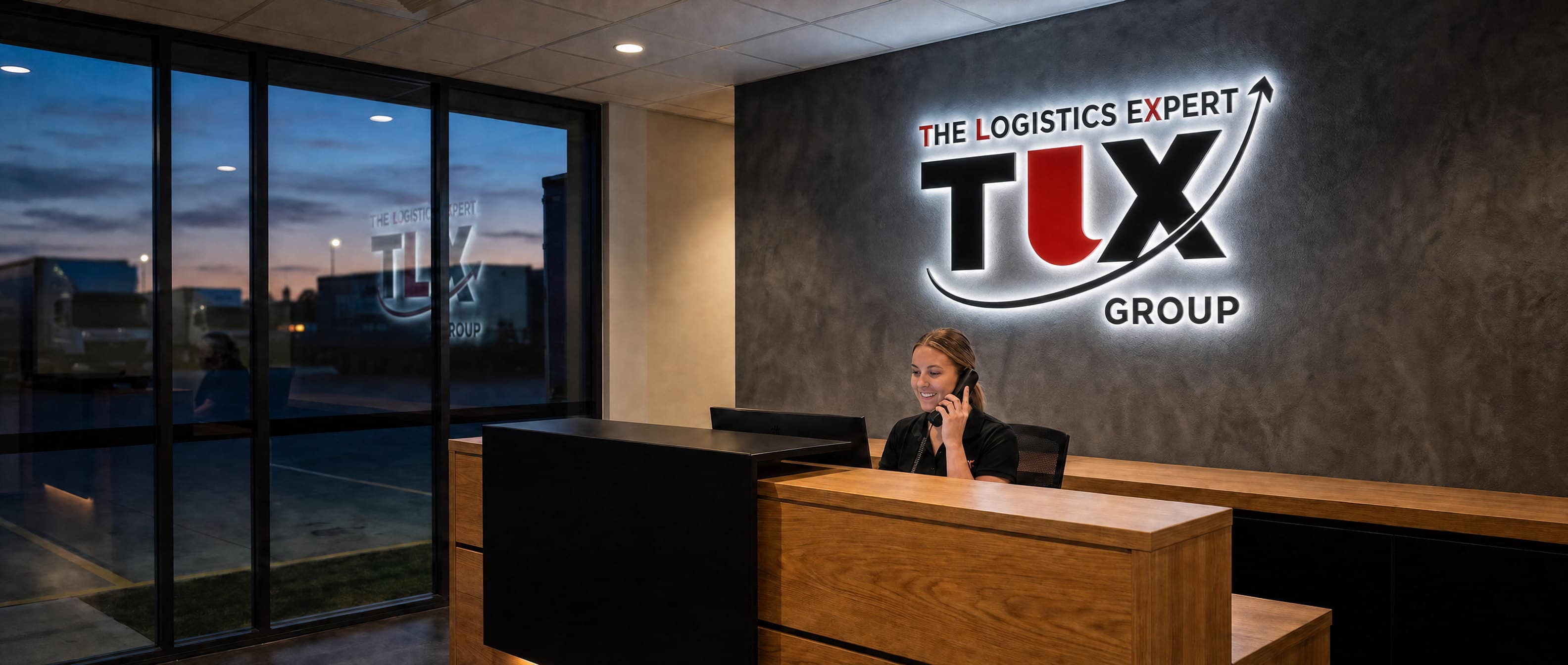 TLX Group reception with illuminated logo wall and a receptionist on a call