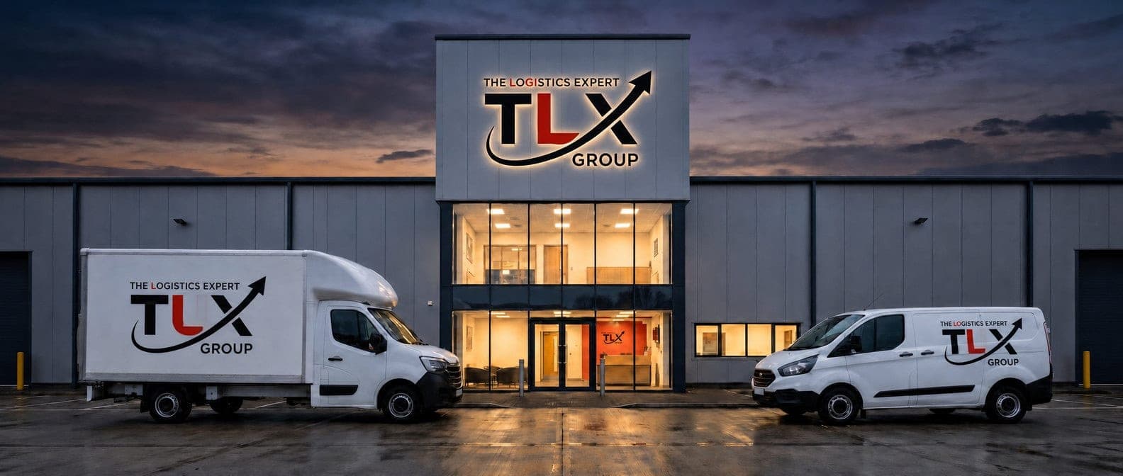 TLX Group depot building with illuminated logo sign and vans outside