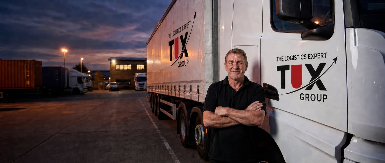 TLX Group driver standing by the cab of an articulated lorry at dusk