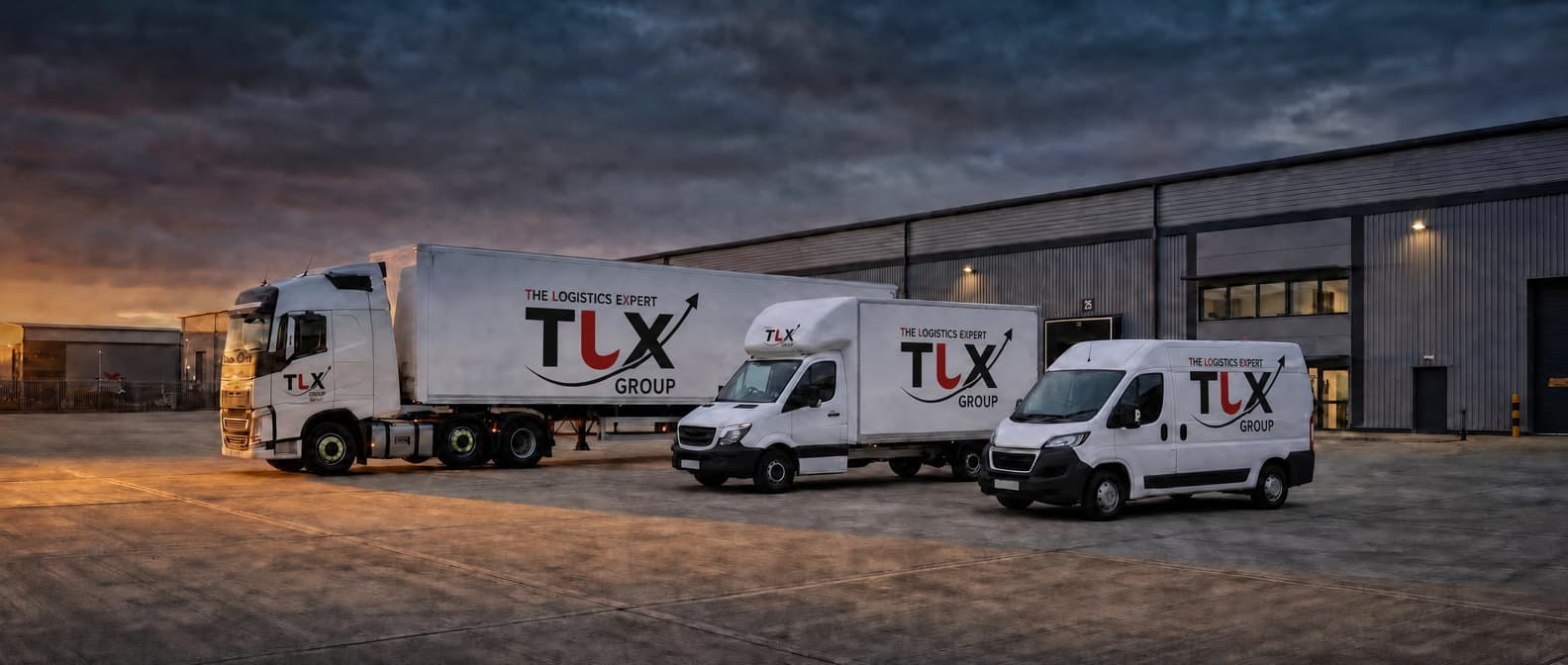 TLX Group fleet lined up in a depot yard at dusk