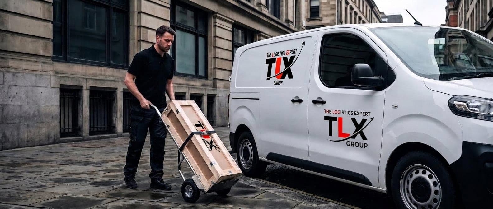 TLX Group courier wheeling a crated artwork to a van outside a gallery