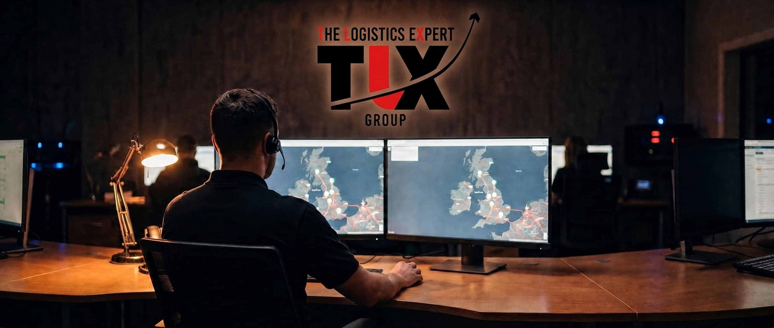 TLX Group operations room with route maps on screen beneath the logo