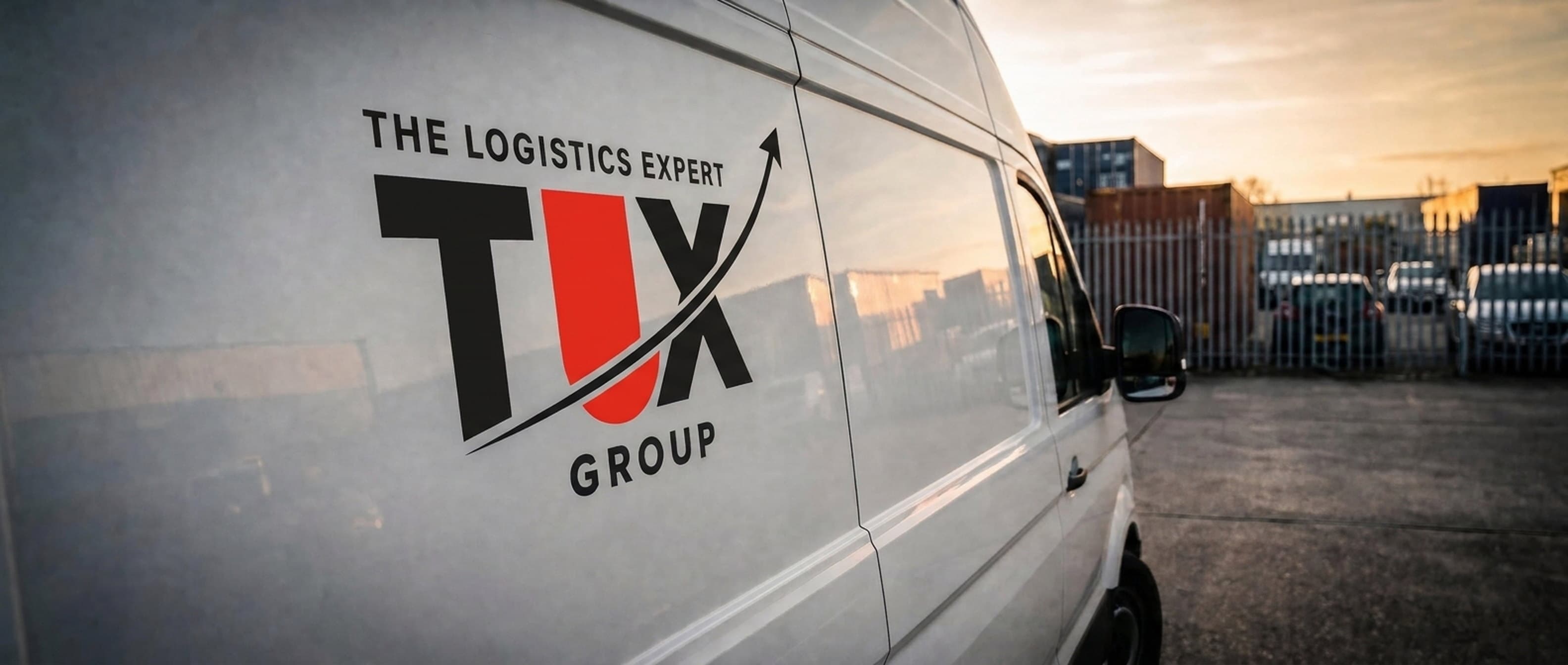Close-up of the TLX Group logo on a van side at golden hour