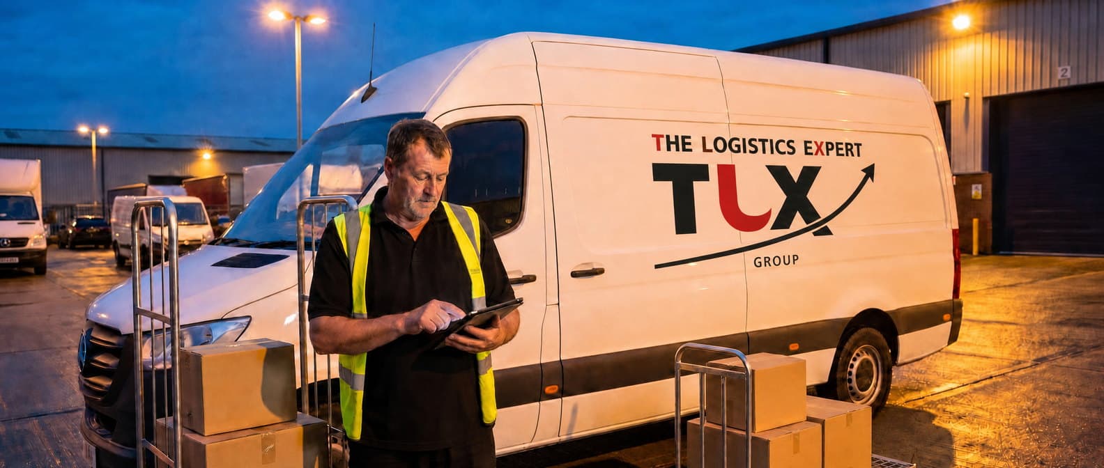 TLX Group driver checking a job list on a tablet beside a van