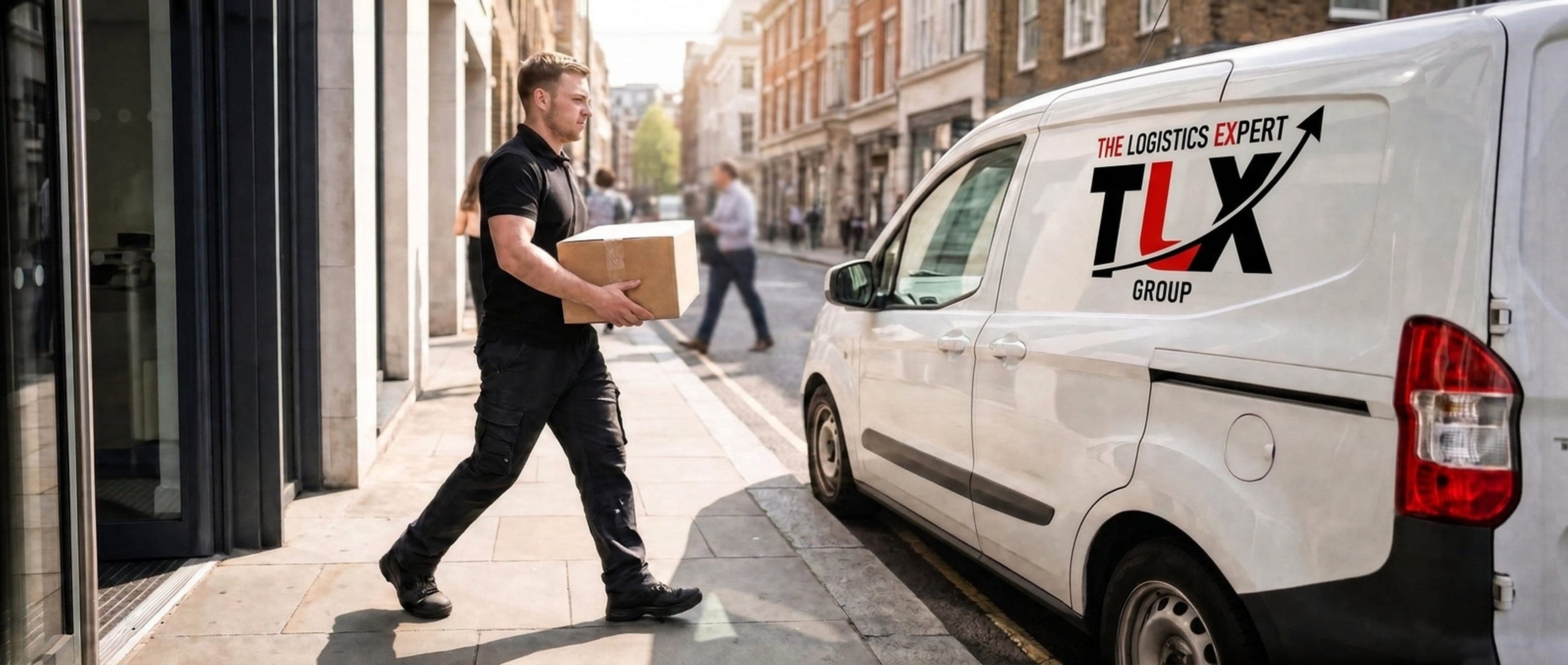 TLX Group courier carrying a parcel to a small van on a city street