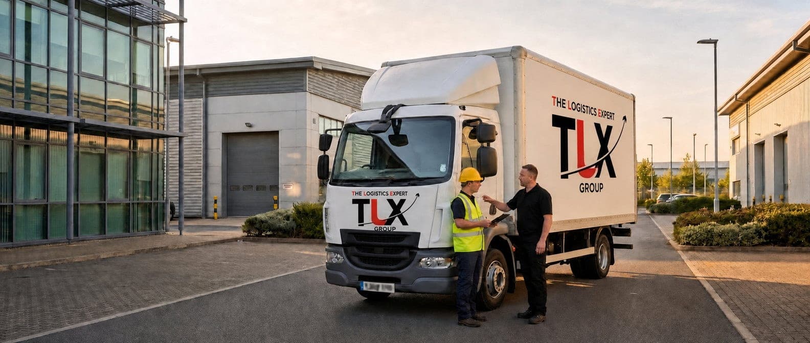 TLX Group truck on a business park with a site manager and driver talking