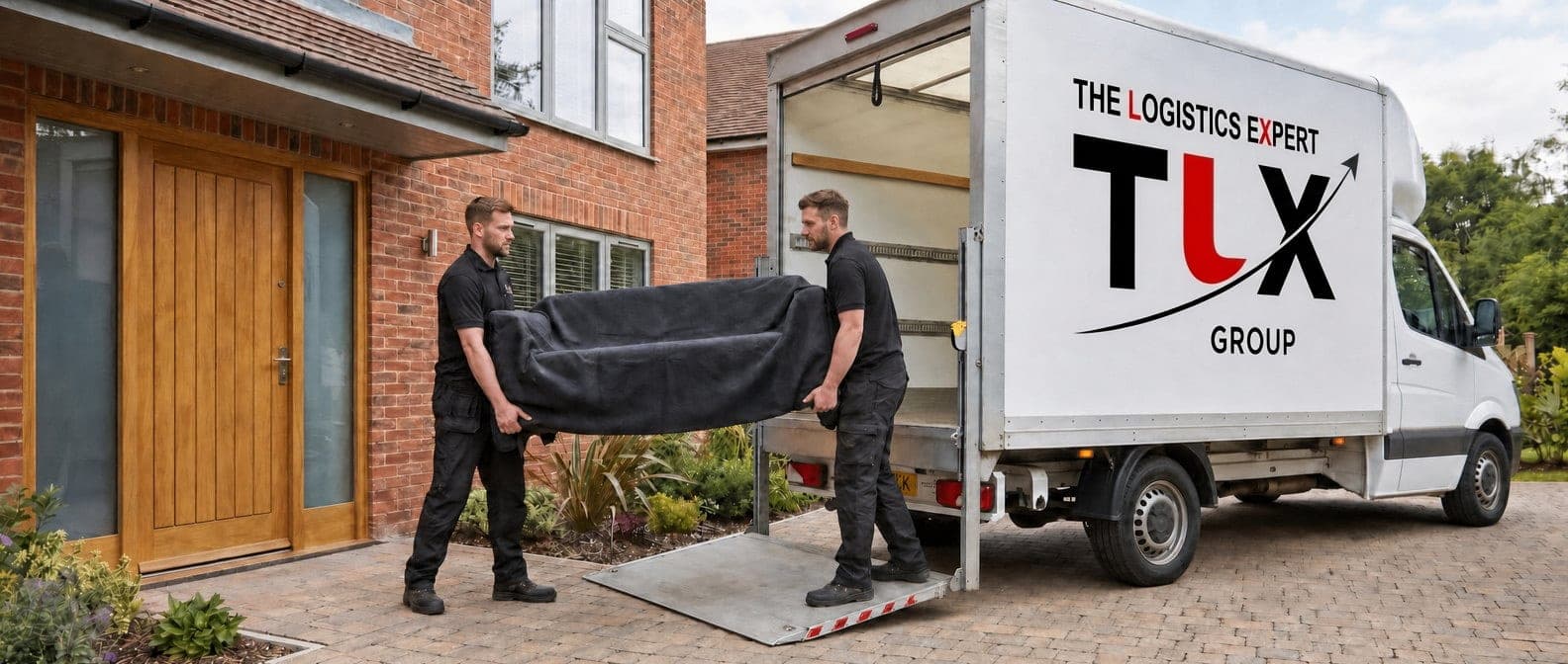 Two TLX Group crew carrying wrapped furniture from a Luton van