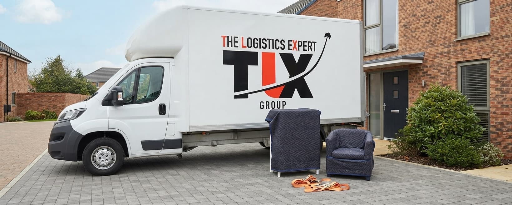 TLX Group Luton van on a home driveway with wrapped furniture ready to carry in